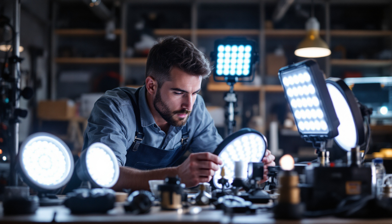 A photograph of a lighting engineer meticulously examining a variety of volt led lights in a well-lit workspace