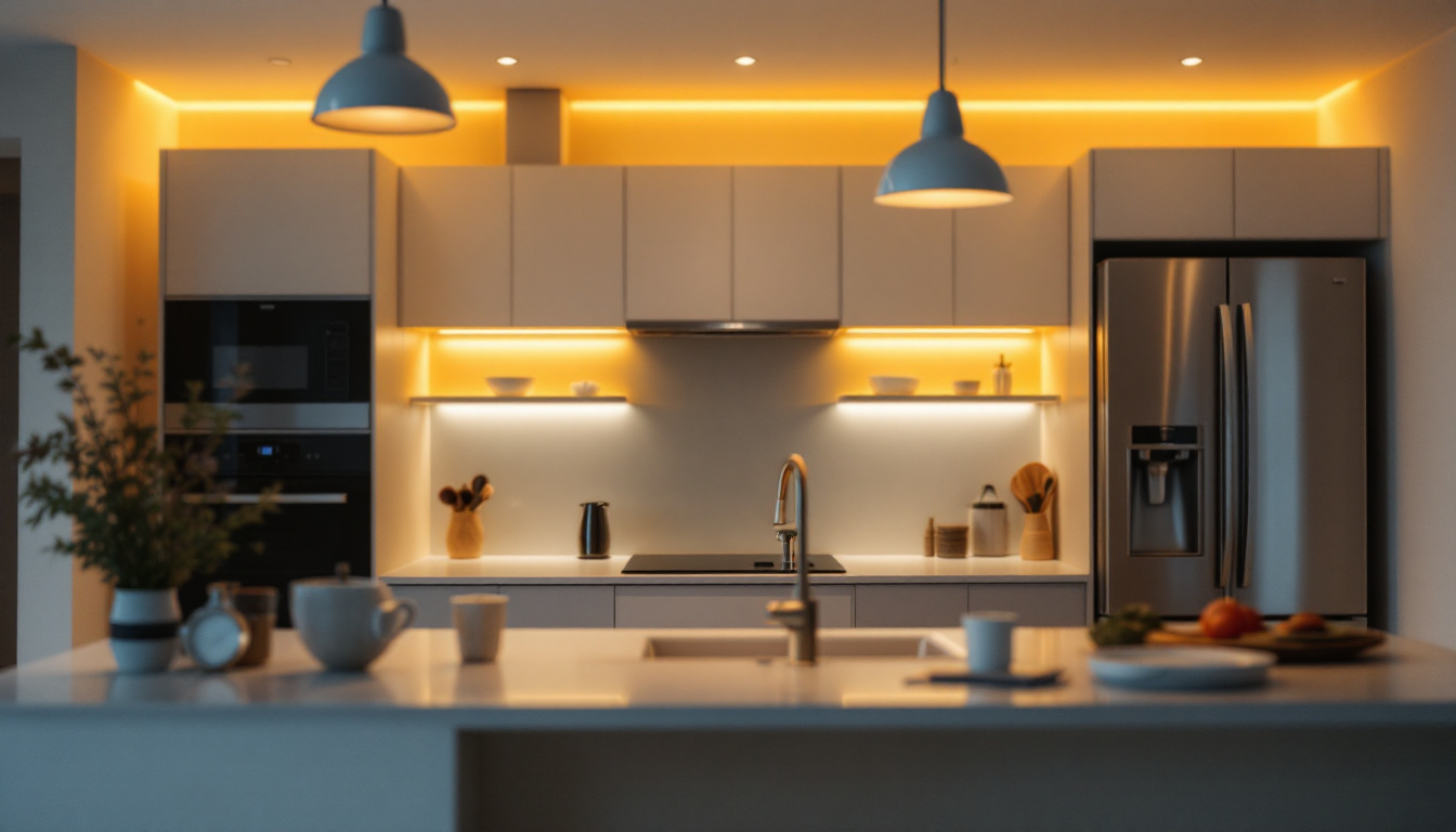 A photograph of a well-lit kitchen or living space showcasing recessed cabinet lights in action