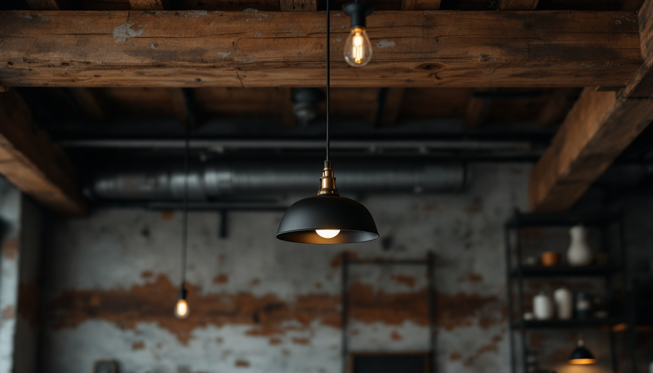 A photograph of a stylishly designed ceiling mount lighting fixture in an industrial-style space