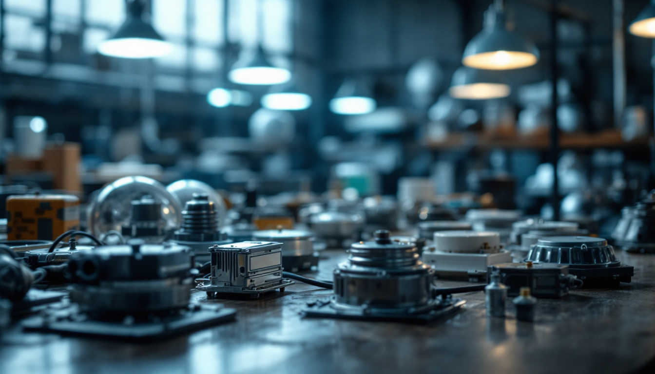 A photograph of a close-up shot of various types of electrical ballasts alongside lighting fixtures in a well-lit workshop setting