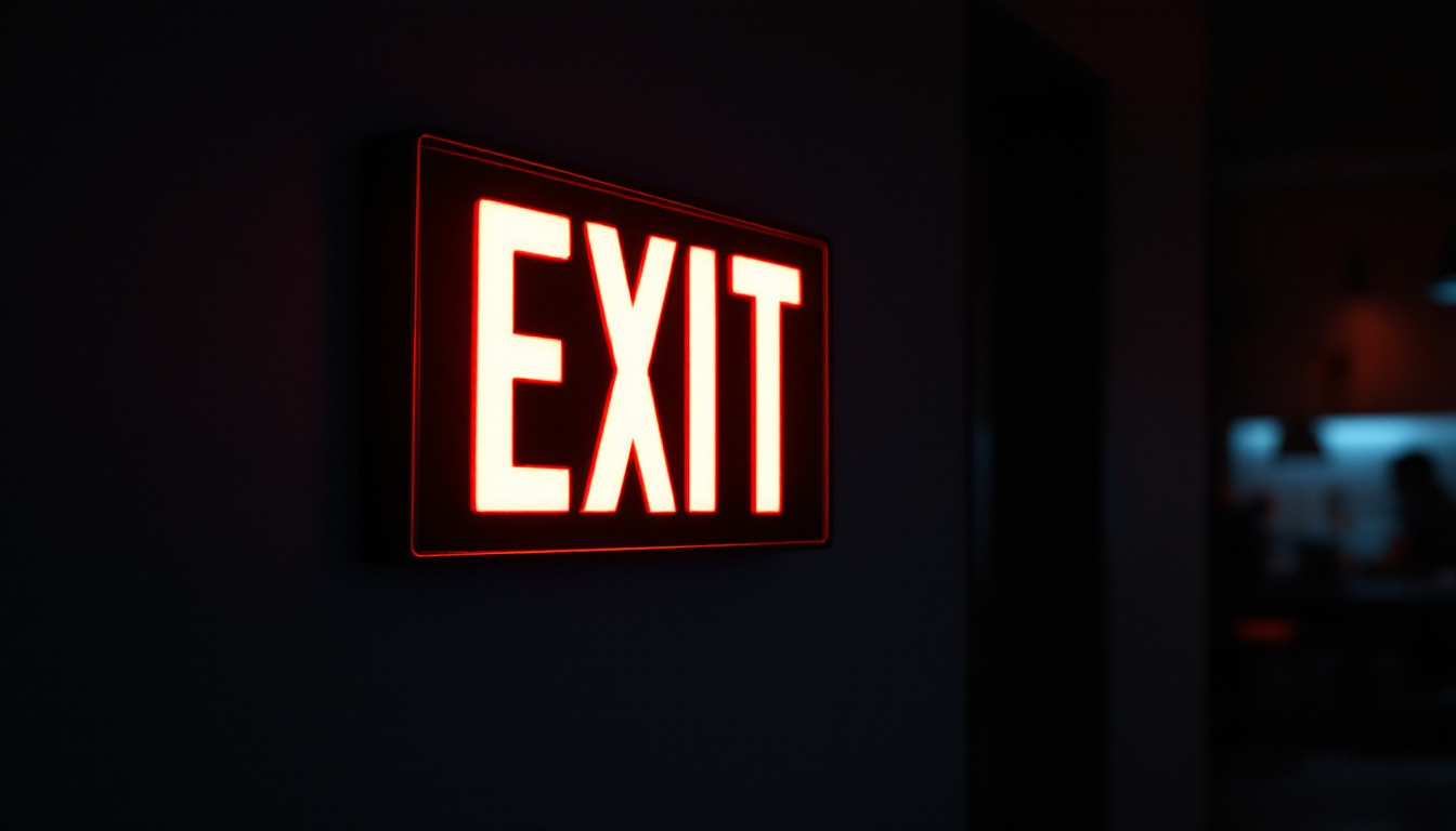 A photograph of capture a photograph of an illuminated exit sign in a dimly lit environment