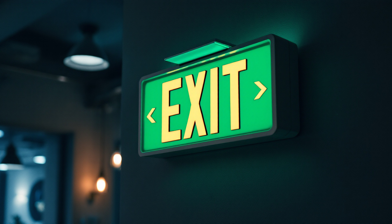 A photograph of a well-lit exit sign emergency light combo installed in a commercial setting