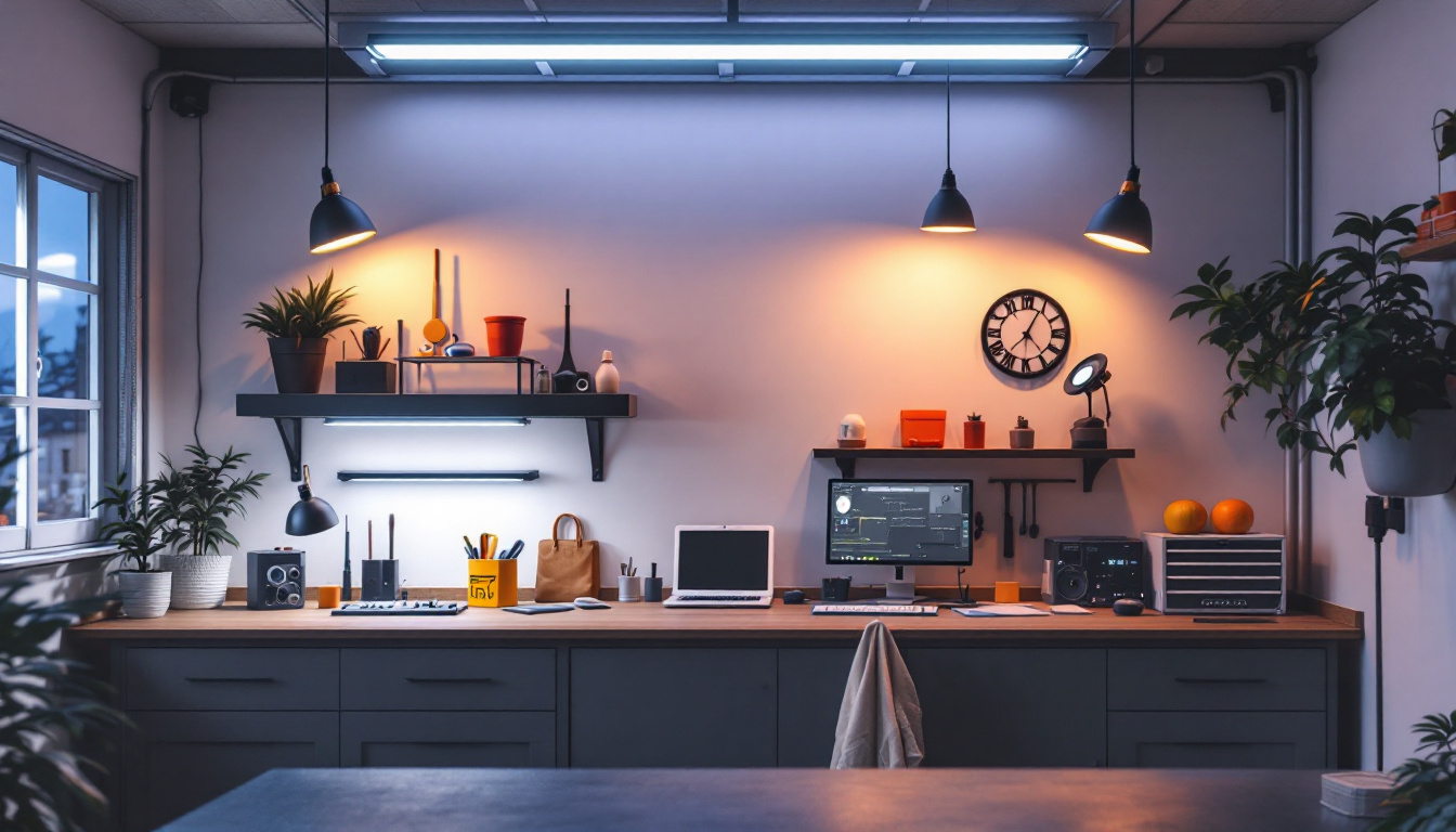 A photograph of a well-lit garage workspace featuring a mix of practical and stylish lighting solutions
