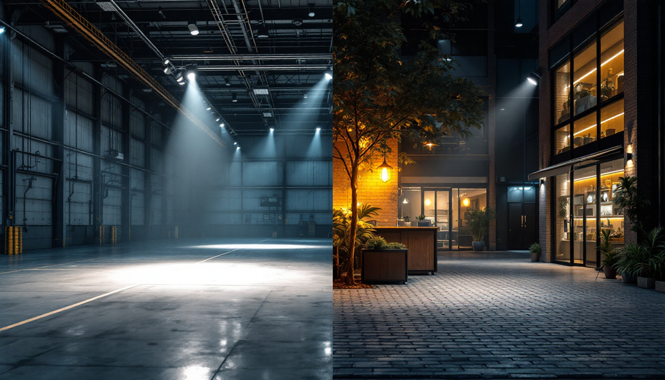 A photograph of a side-by-side comparison of an industrial flood light installation in a large warehouse setting and a commercial flood light setup illuminating an outdoor retail space