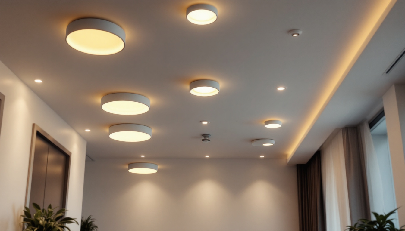 A photograph of a well-lit interior space showcasing various recessed light fixtures in different sizes and styles
