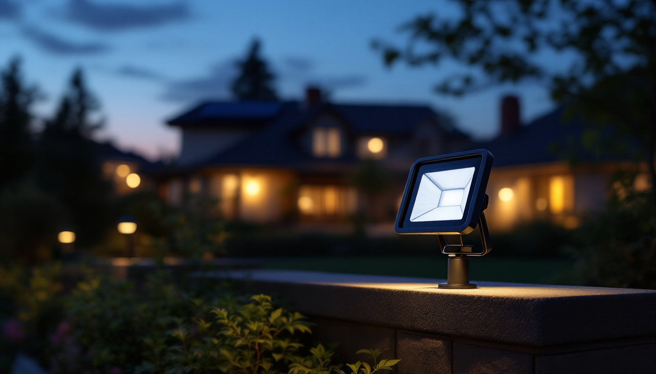 A photograph of a solar led floodlight illuminating an outdoor space at dusk