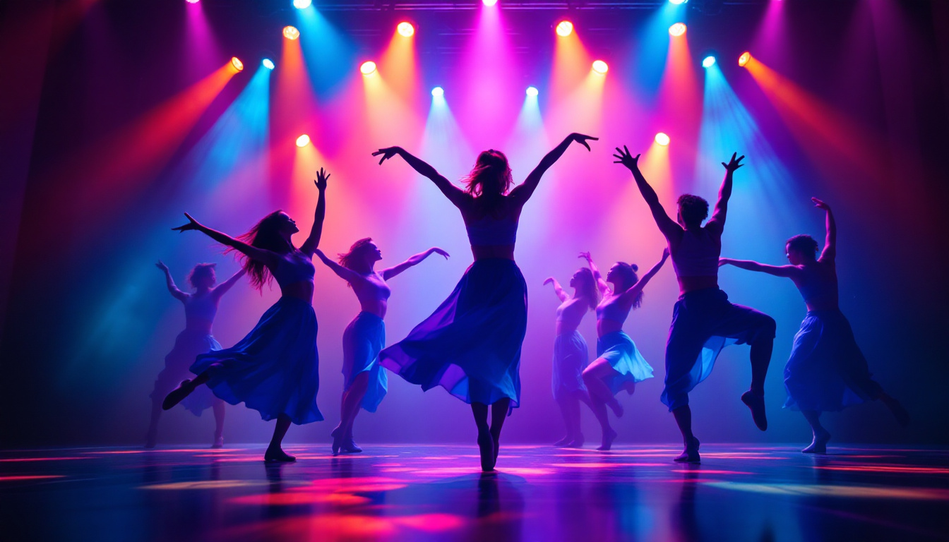 A photograph of a vibrant dance performance illuminated by dynamic stage lighting