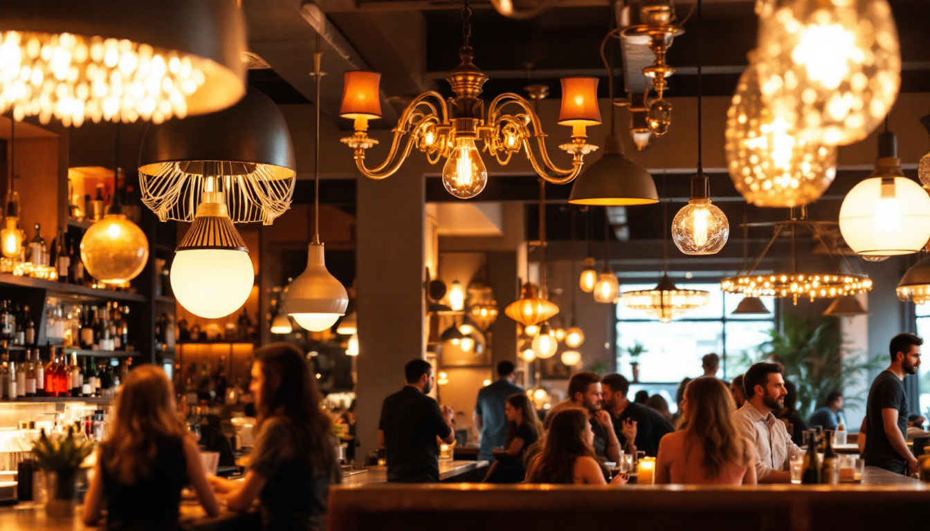 A photograph of a stylish bar interior showcasing various ceiling light designs