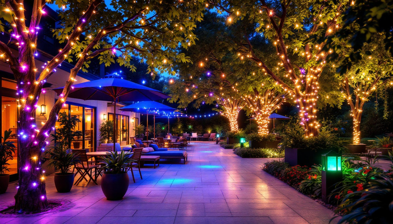 A photograph of a beautifully illuminated outdoor space featuring vibrant string led lights draped across trees and patio areas