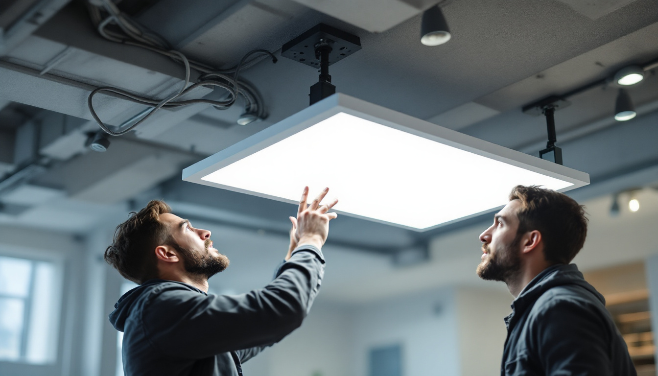 A photograph of a modern ceiling light panel installation in a well-lit room