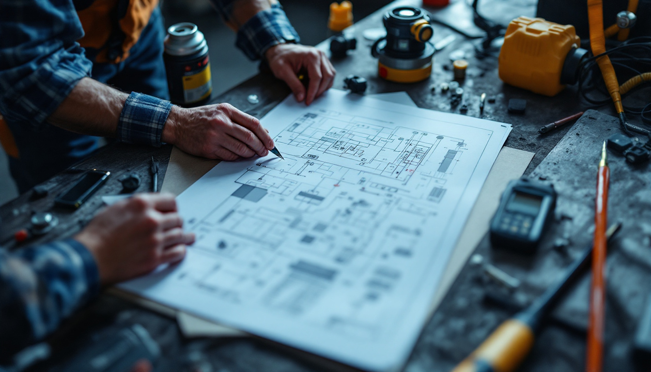 A photograph of capture a photograph of an engineer reviewing electrical schematics and codes at a worksite