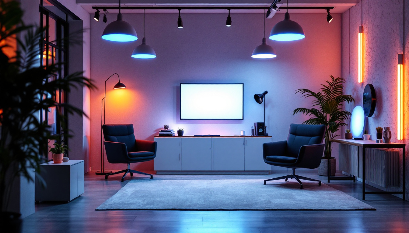 A photograph of a well-lit indoor space showcasing various led fixtures and accessories in use