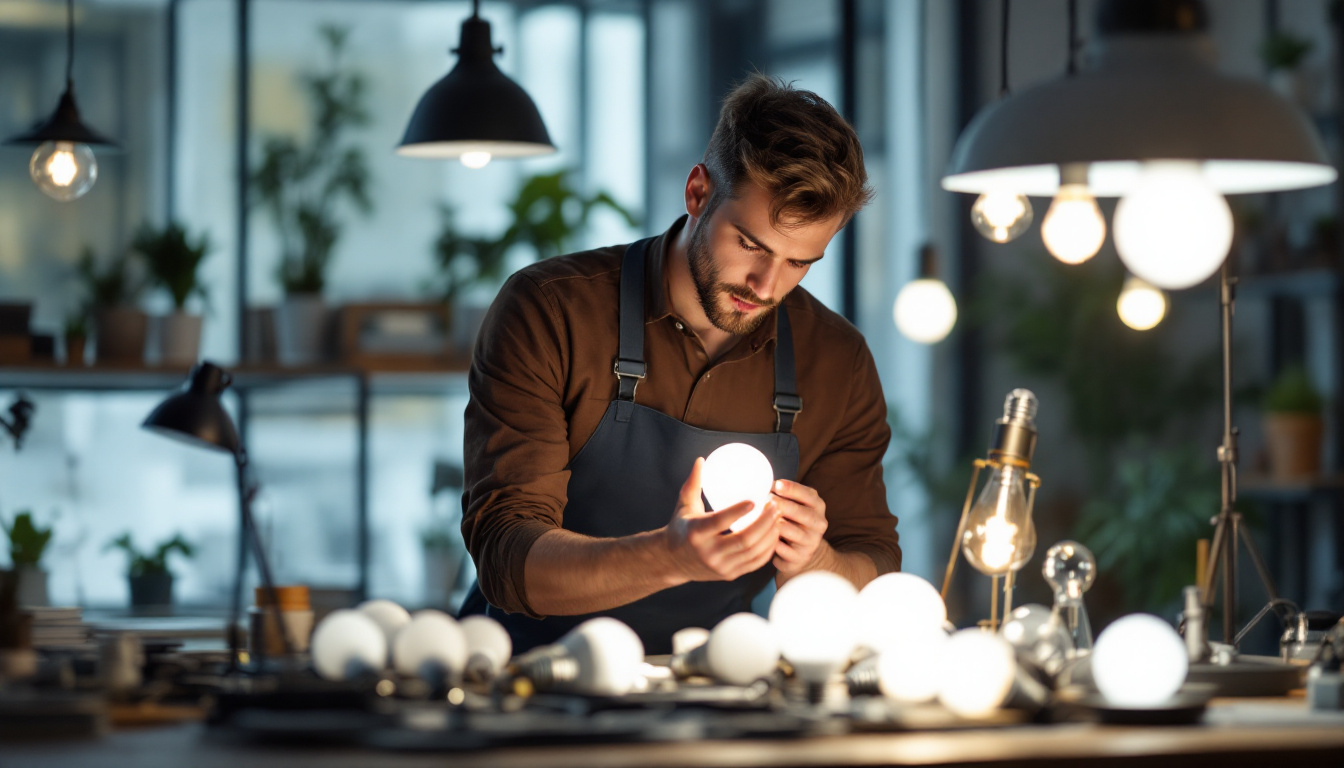 A photograph of a designer or engineer examining a variety of light bulbs and fixtures in a modern workspace