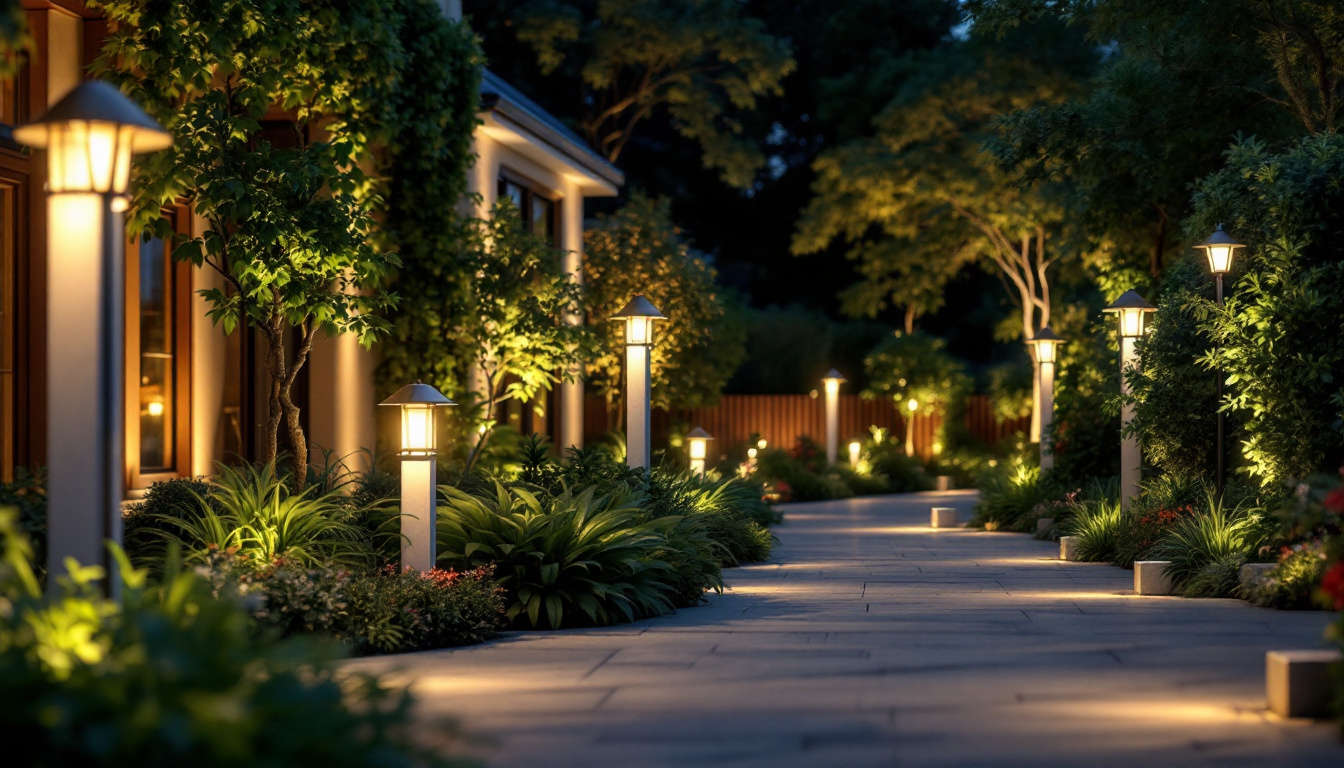 A photograph of a beautifully illuminated outdoor space showcasing various types of exterior lighting fixtures