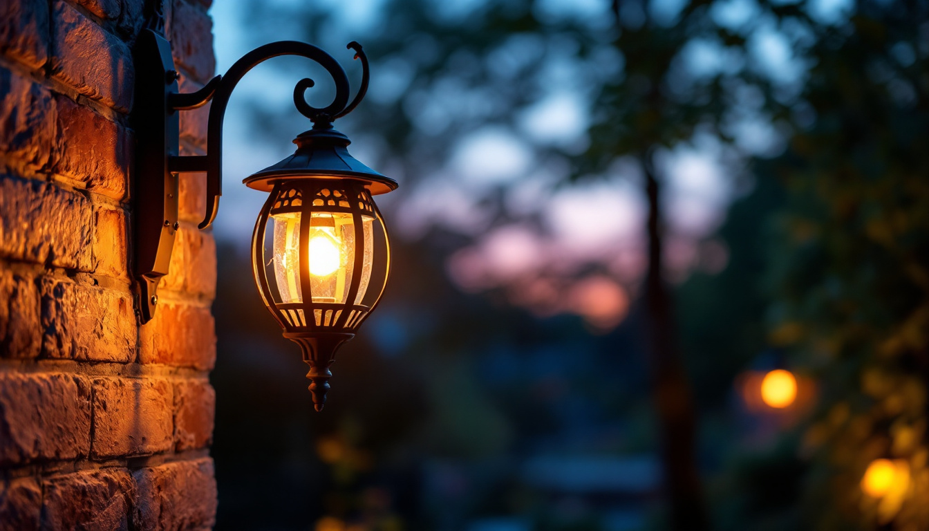 A photograph of a beautifully designed lantern installed in an outdoor setting during twilight