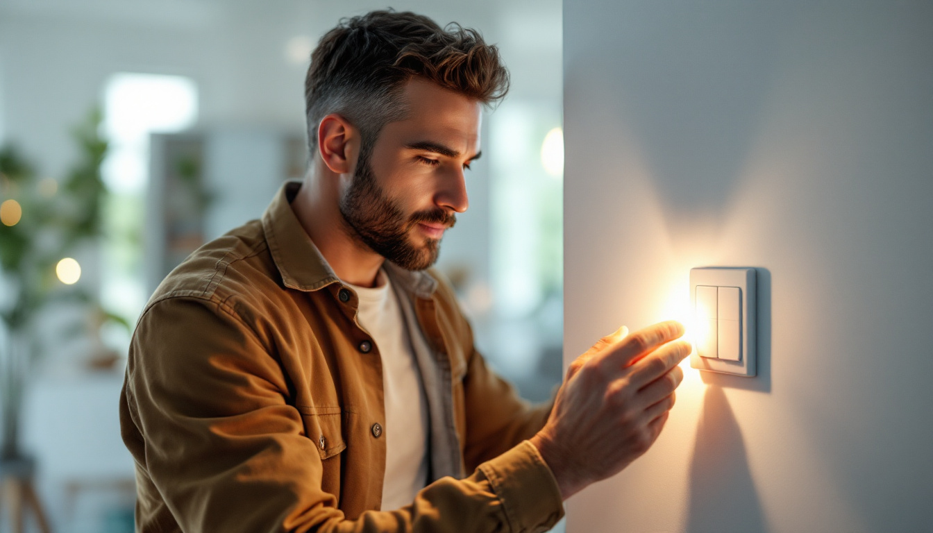 A photograph of a lighting engineer adjusting a motion sensor light switch in a well-lit