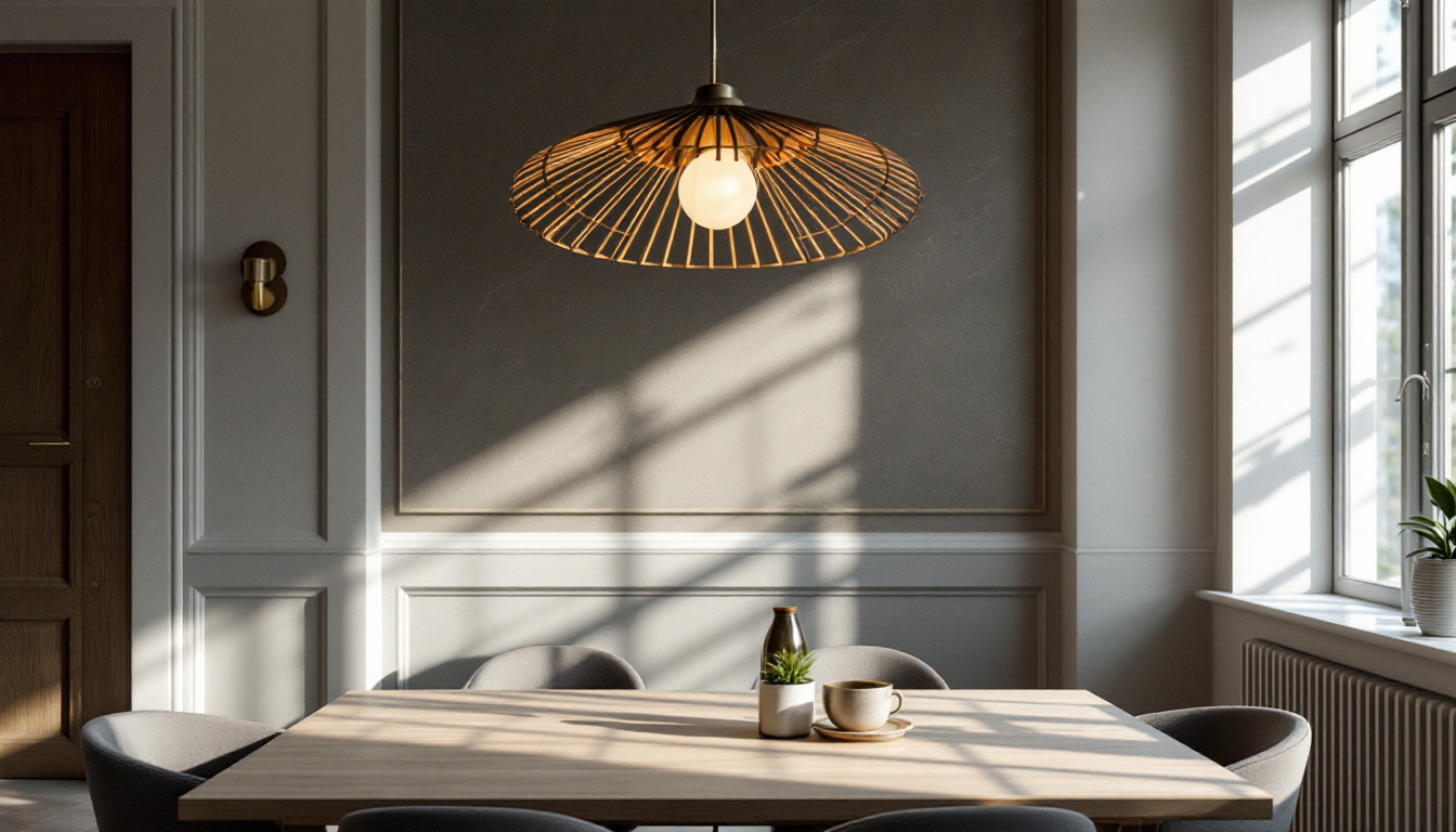 A photograph of a beautifully designed dining room featuring a striking hanging light fixture