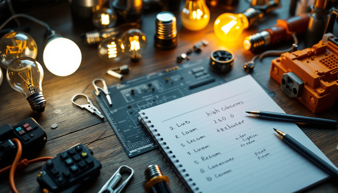 A photograph of a well-organized workspace featuring an array of light bulbs