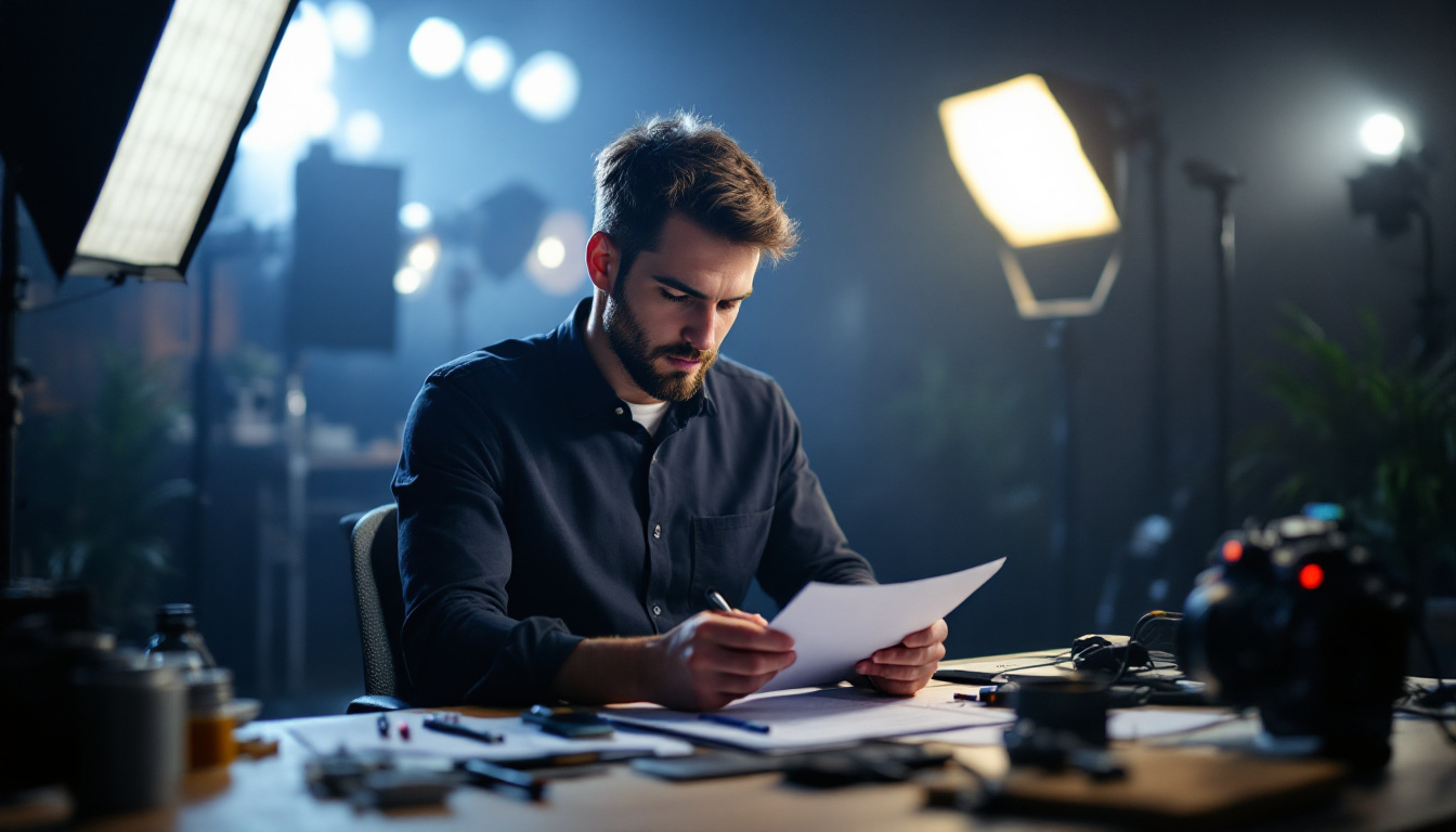 A photograph of a lighting engineer meticulously reviewing their checklist in a well-lit studio environment