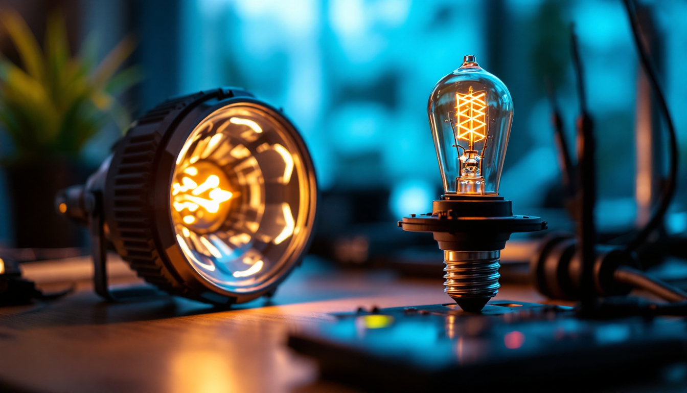 A photograph of a close-up of a hid lamp illuminating a workspace