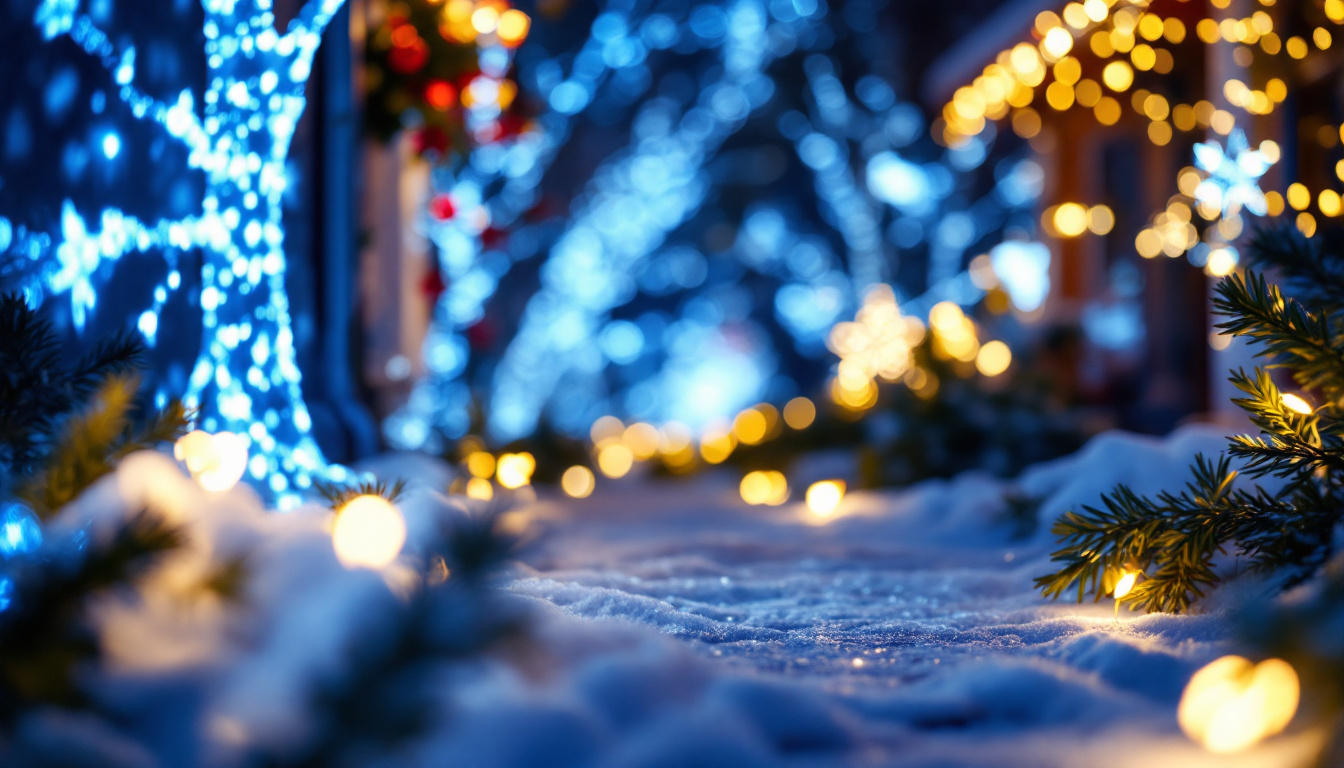 A photograph of a beautifully illuminated outdoor scene featuring projected christmas lights