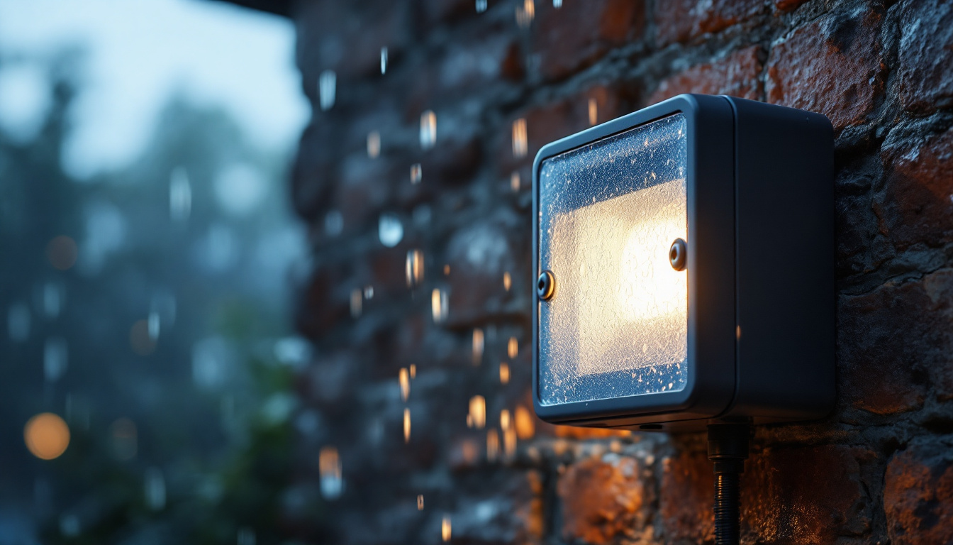 A photograph of a weatherproof electrical box cover installed on an outdoor lighting fixture