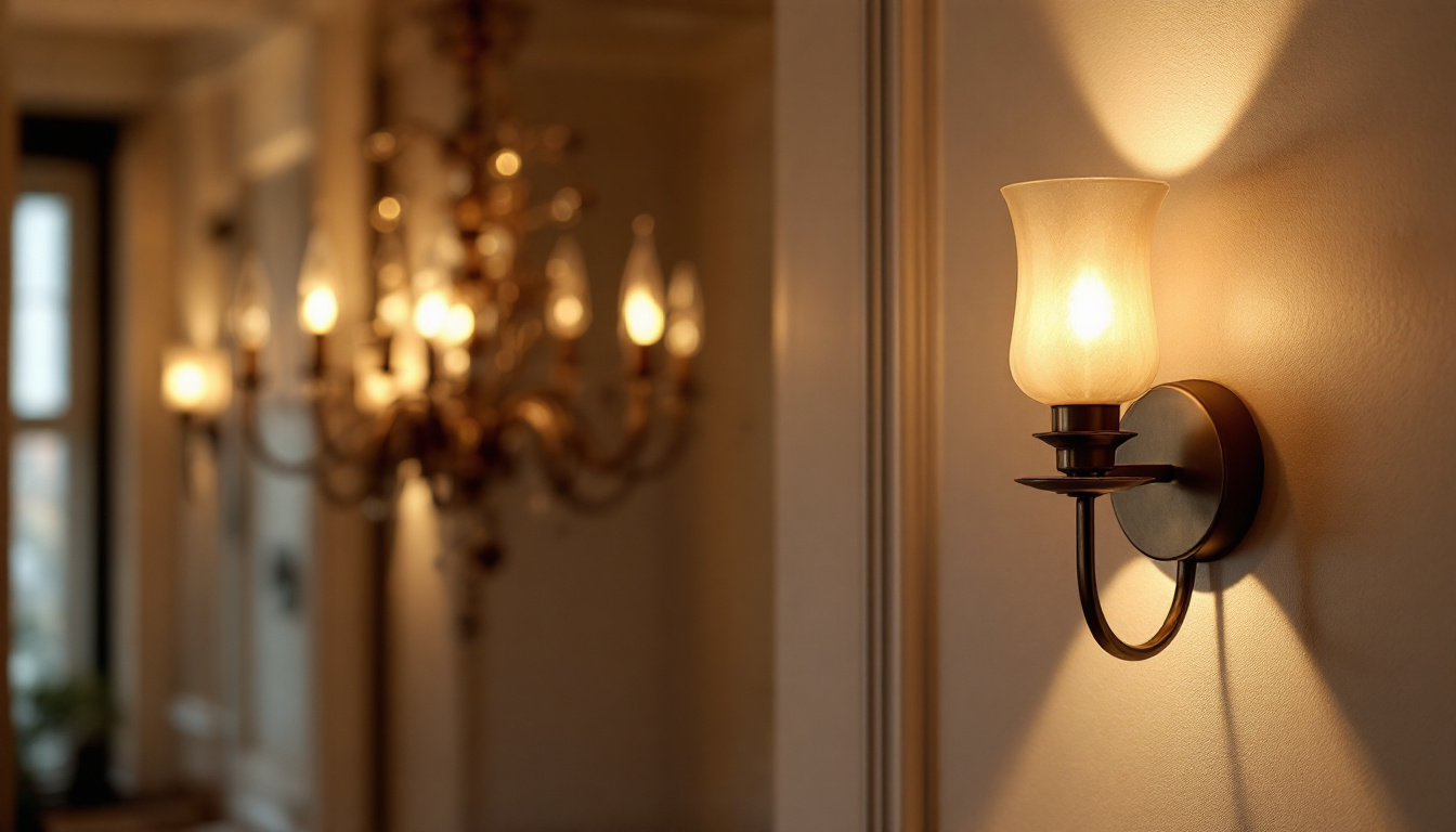 A photograph of a beautifully designed chandelier and an elegant wall sconce illuminated in a stylish interior setting