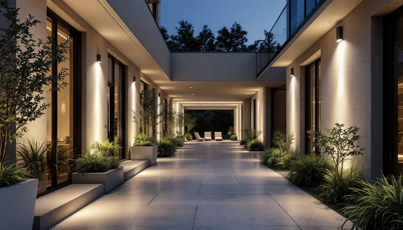 A photograph of a well-lit outdoor space featuring recessed led lighting integrated into architectural elements