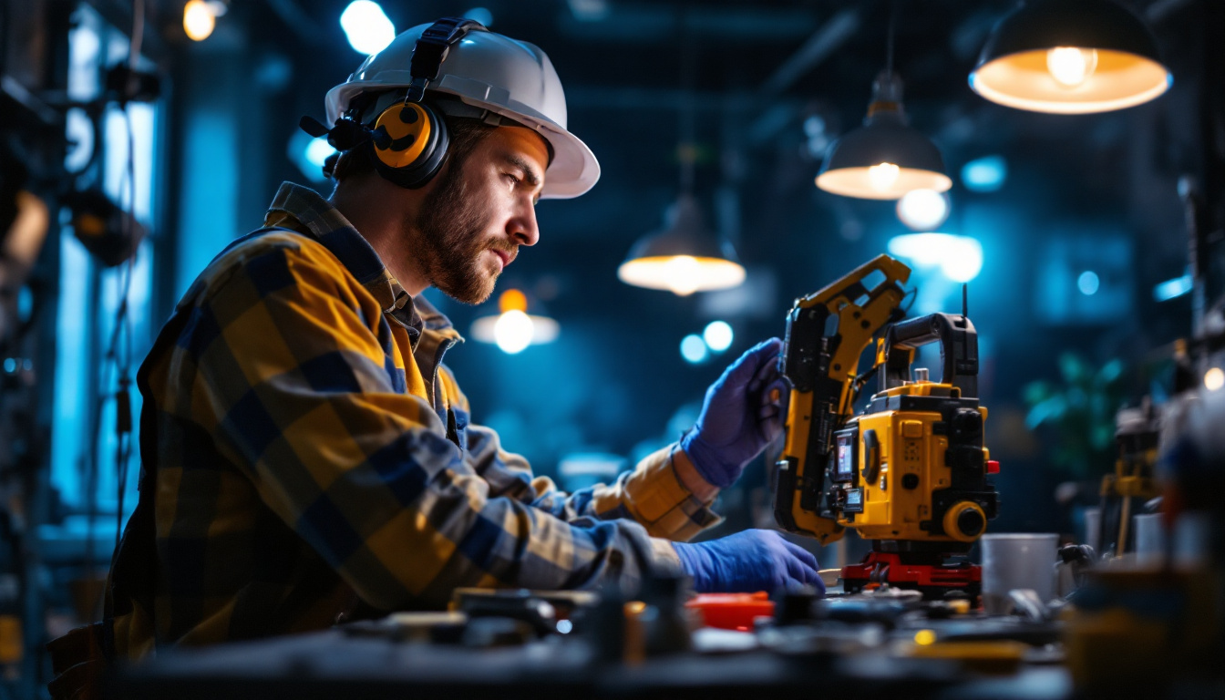 A photograph of a skilled electrician working with various tools and lighting fixtures in a dynamic
