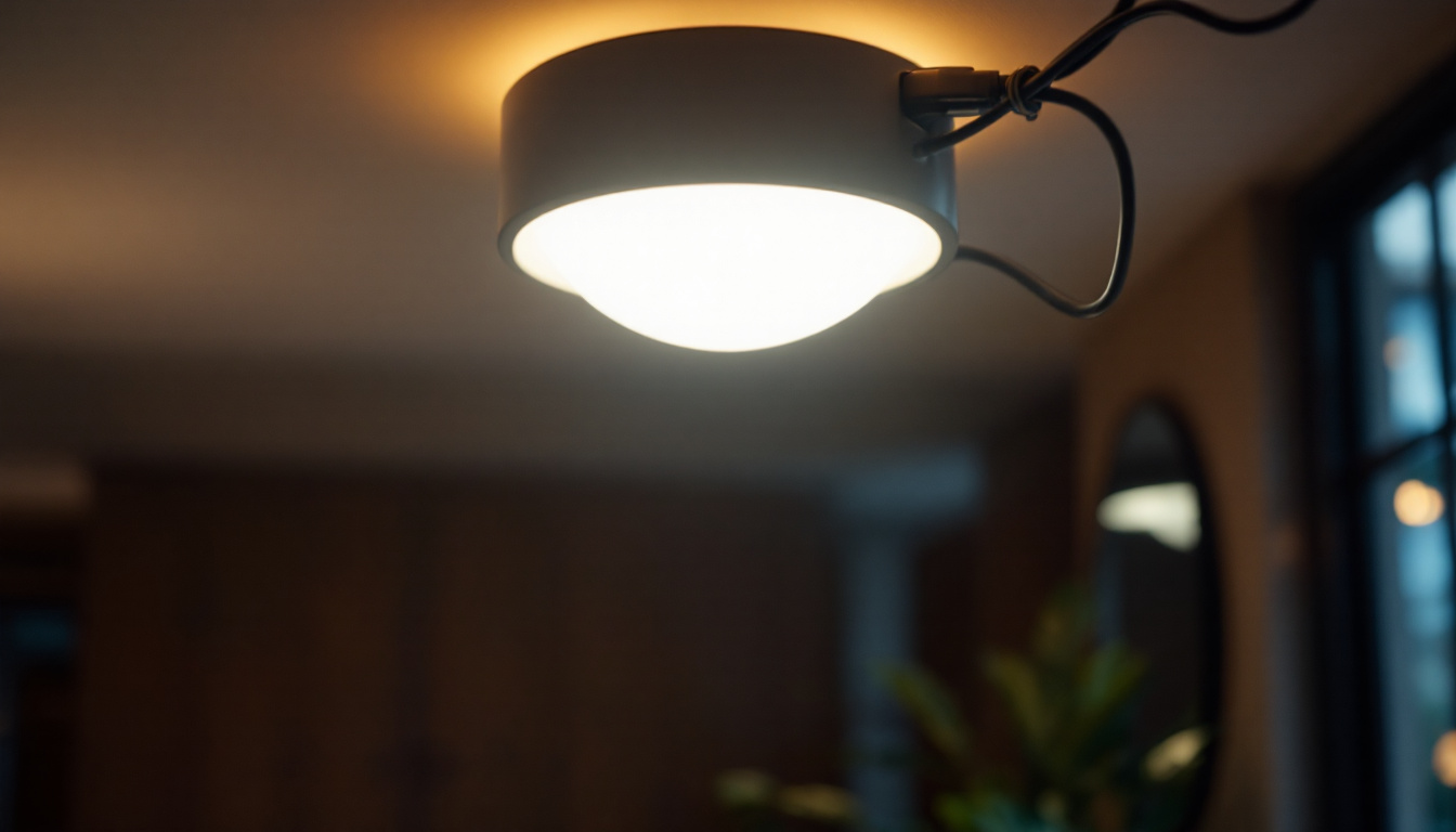 A photograph of a modern ceiling light fixture in a stylish interior setting
