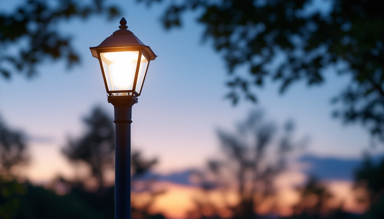 A photograph of a beautifully illuminated solar lighting lamp post in a serene outdoor setting during twilight
