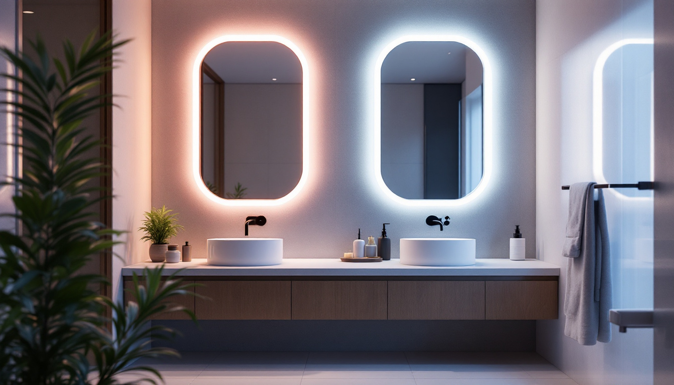 A photograph of a beautifully illuminated bathroom featuring stylish led lights in various settings