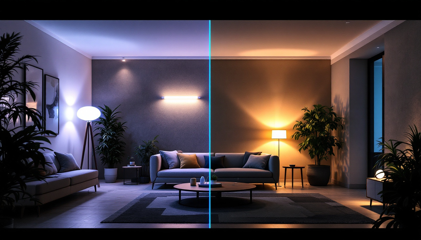 A photograph of a well-lit interior space featuring various led light fixtures