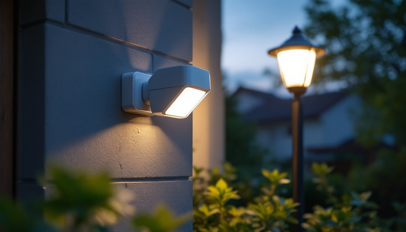 A photograph of a professional electrical engineer installing or inspecting an outdoor motion detector sensor