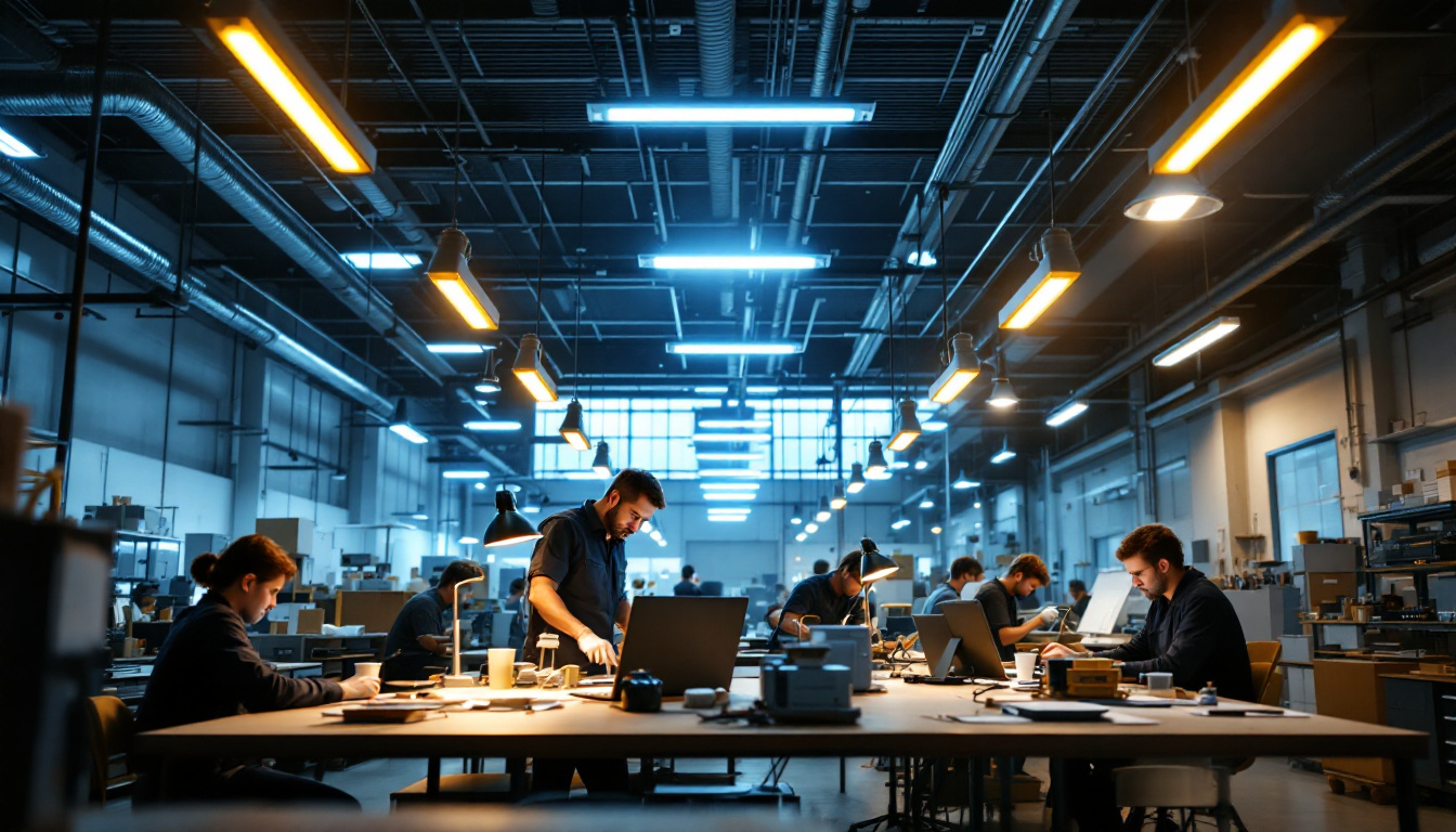A photograph of a well-lit industrial workspace featuring both fluorescent and led lighting