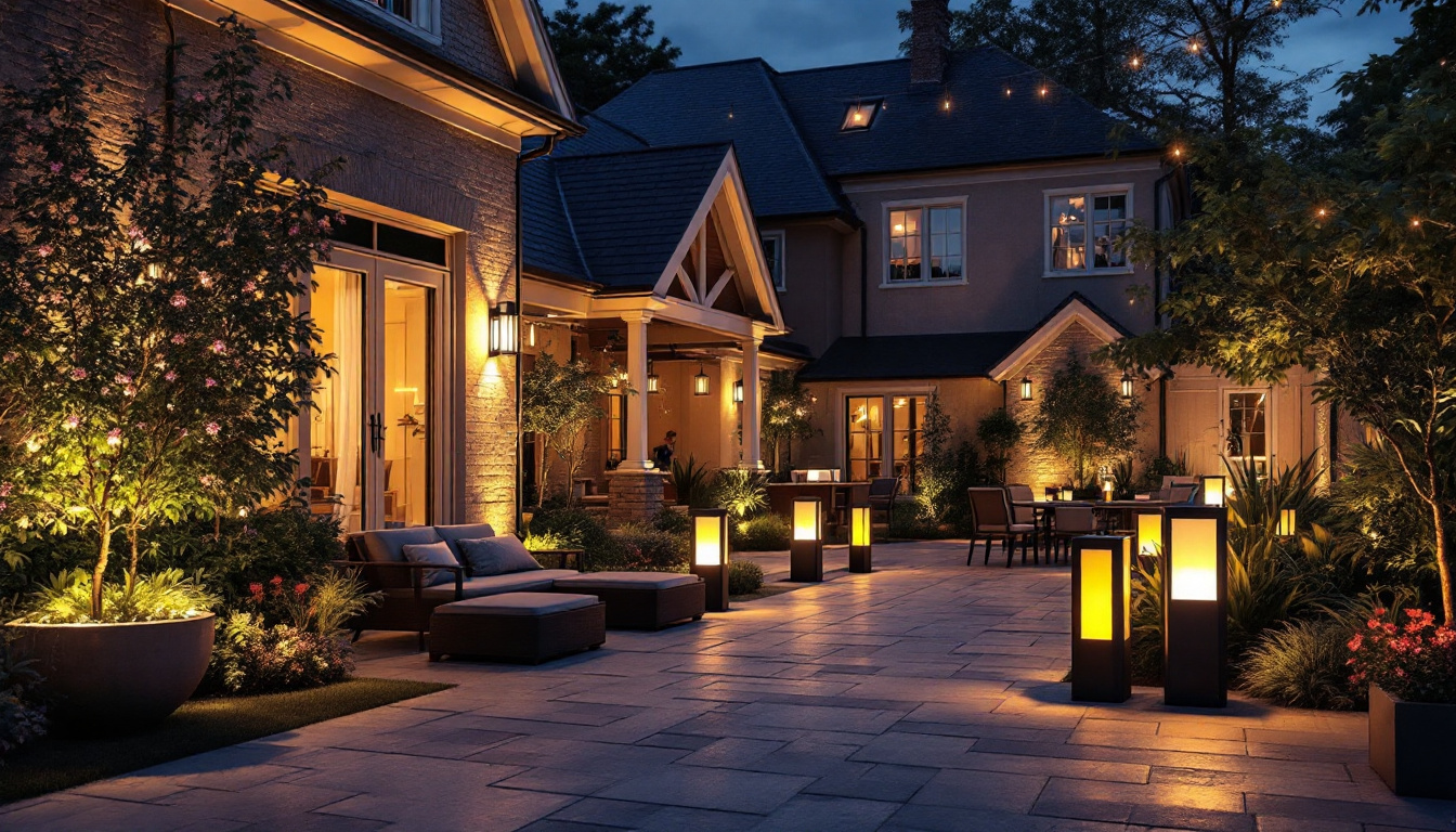 A photograph of a beautifully illuminated outdoor space featuring various types of outdoor lights