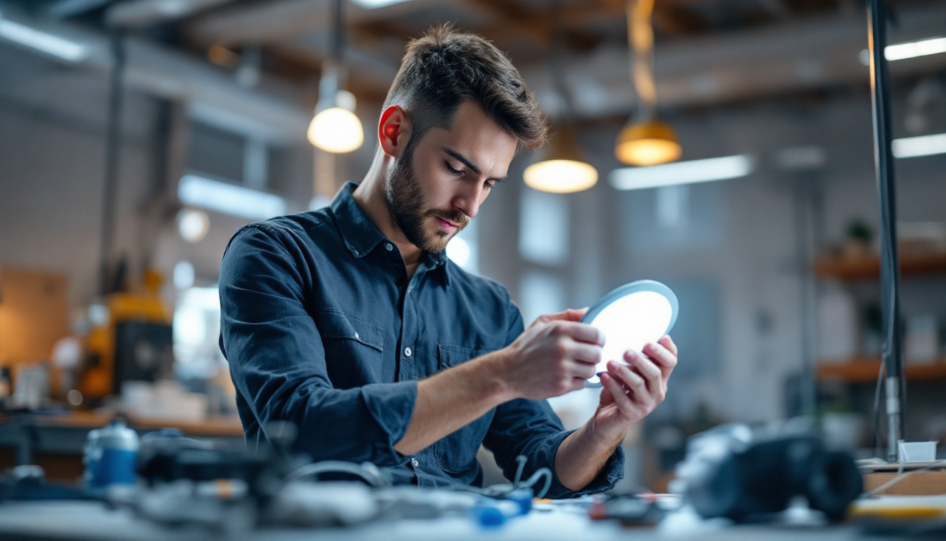 A photograph of a skilled electrical engineer working with a 4-inch led round light fixture