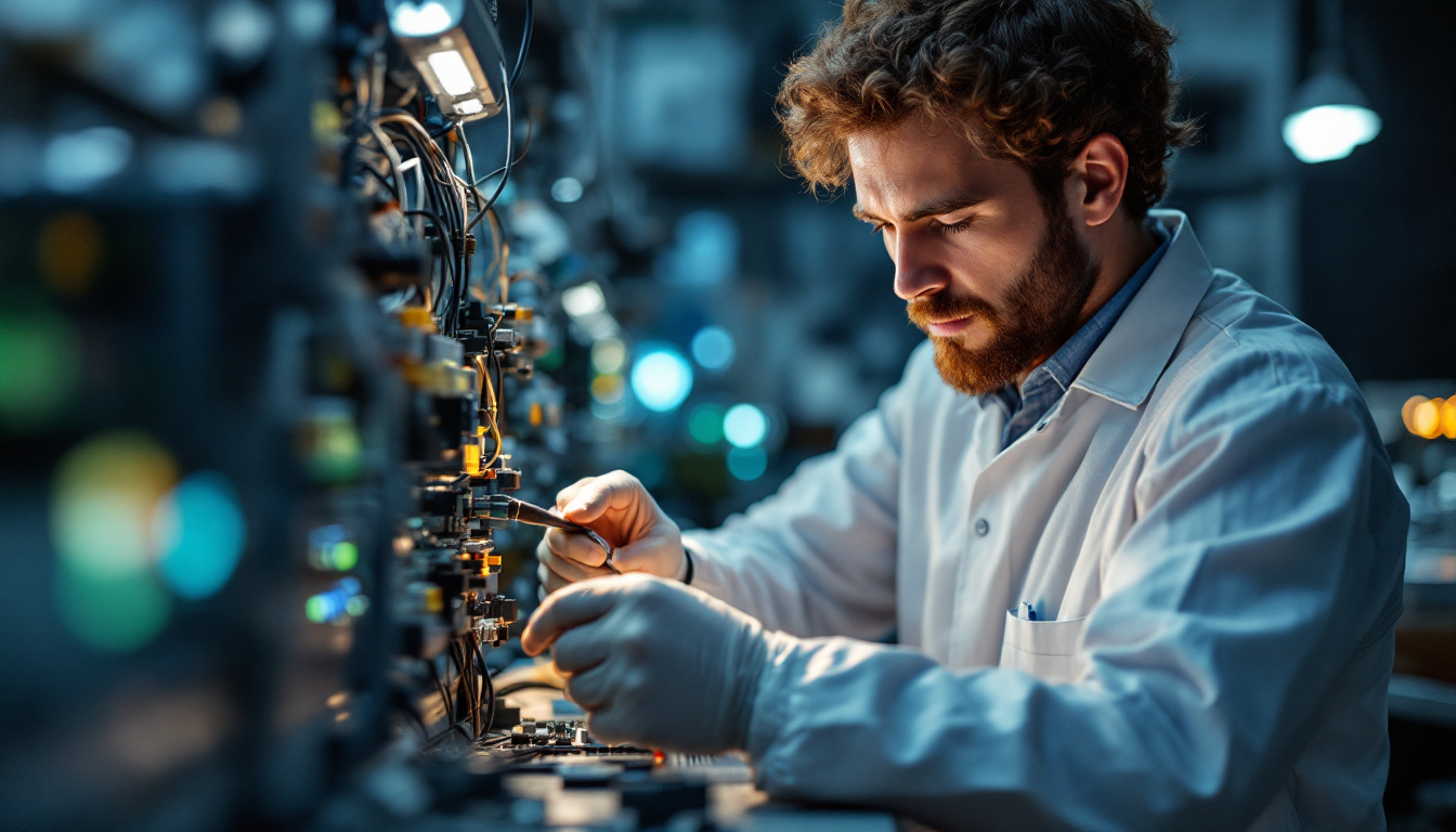 A photograph of a skilled electrical engineer working with address lights in a laboratory setting