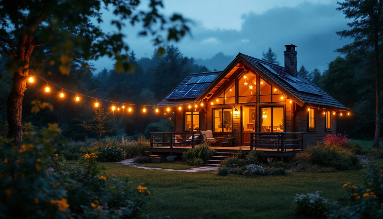 A photograph of a cozy cottage illuminated by warm