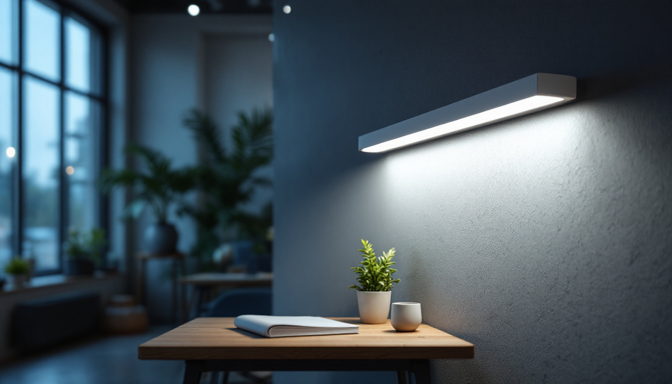 A photograph of a sleek 4-foot led tube light installed in a modern workspace