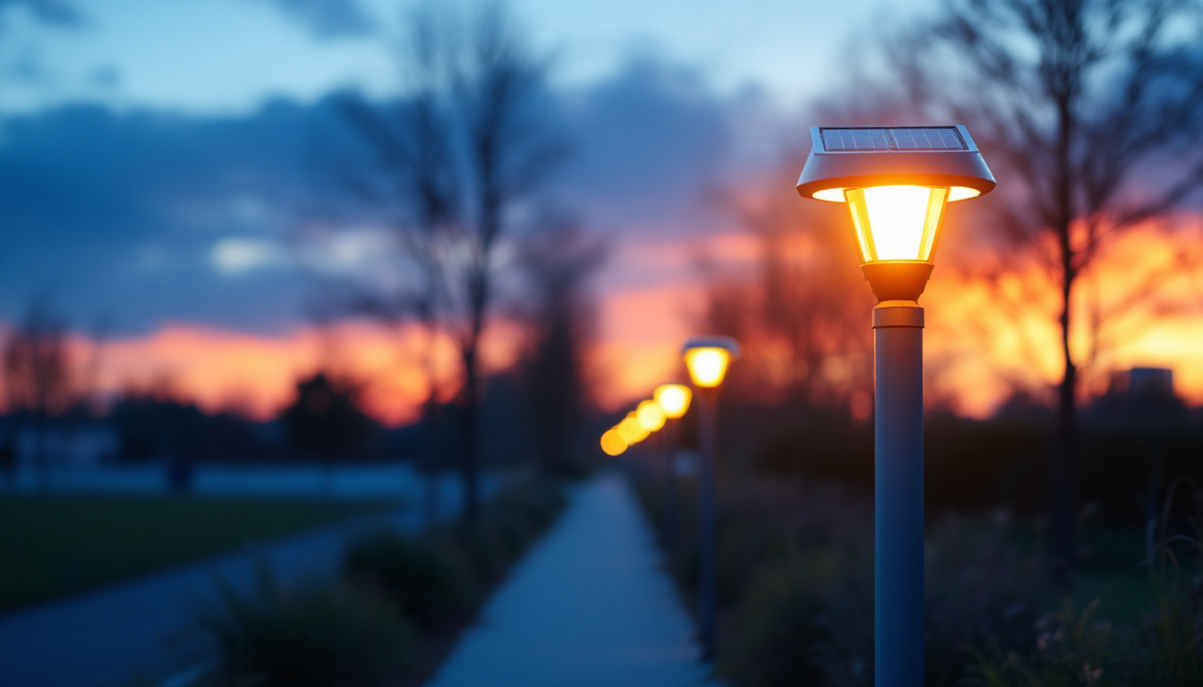A photograph of a solar led pole light illuminating a pathway or outdoor space at dusk
