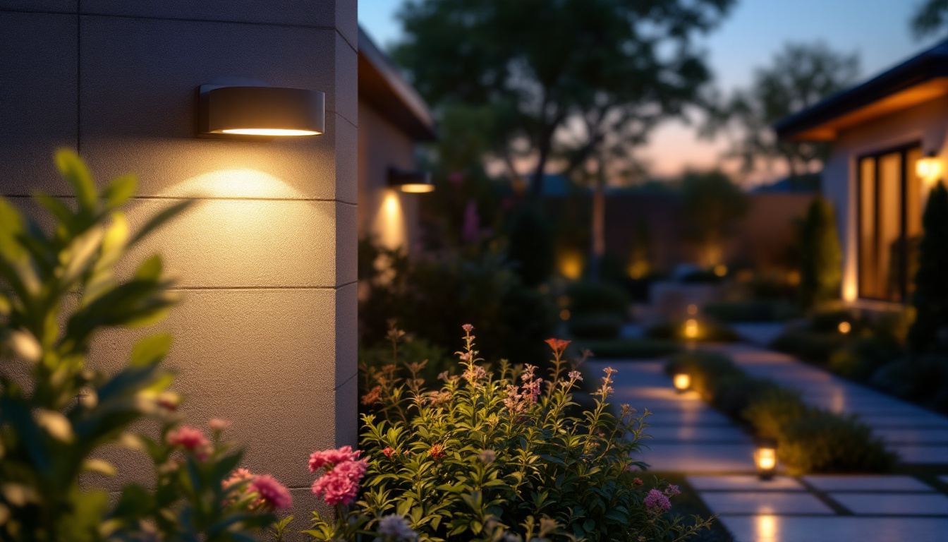 A photograph of a sleek motion outdoor light fixture installed in a beautifully landscaped garden at dusk