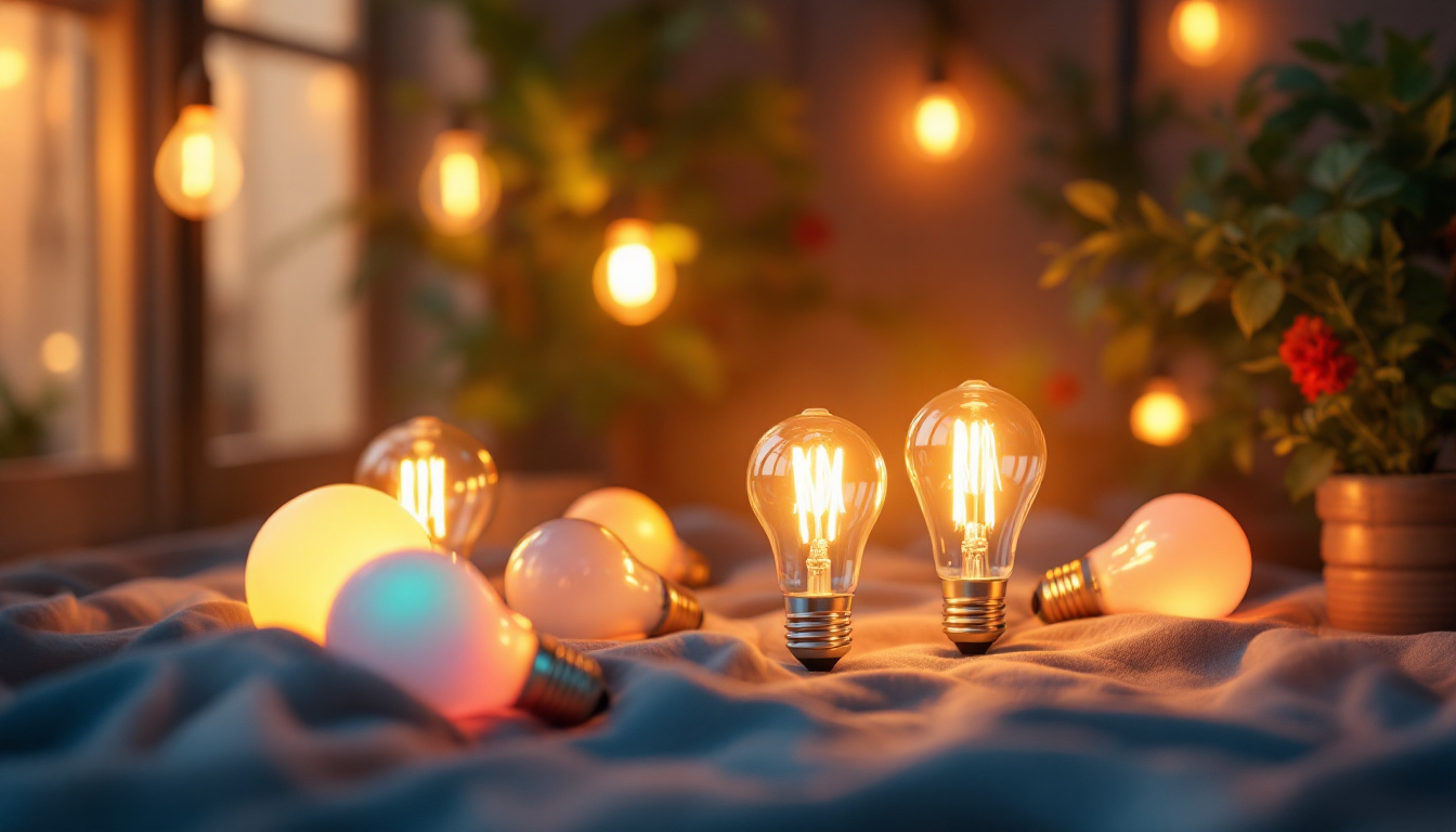 A photograph of a beautifully arranged indoor or outdoor setting featuring various led decorative bulbs in different shapes and colors