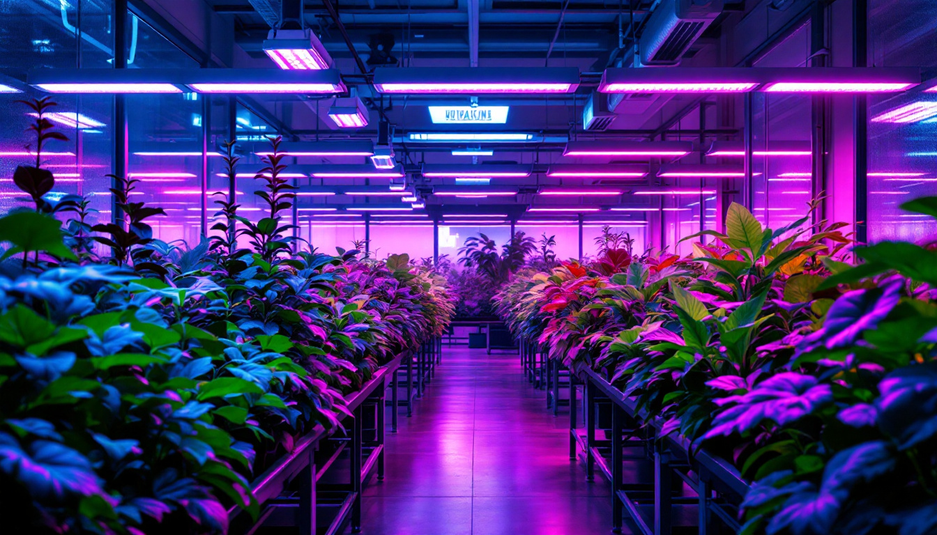A photograph of a modern greenhouse interior showcasing vibrant plants under various types of grow lights
