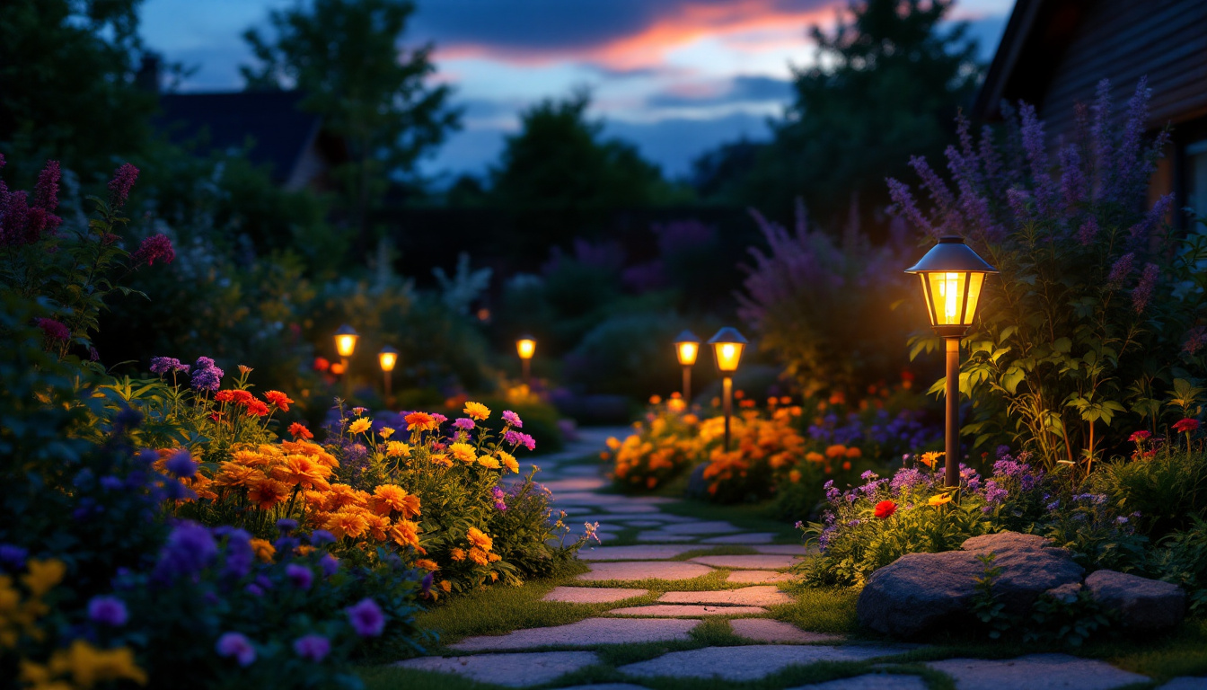 A photograph of a beautifully illuminated garden scene at dusk