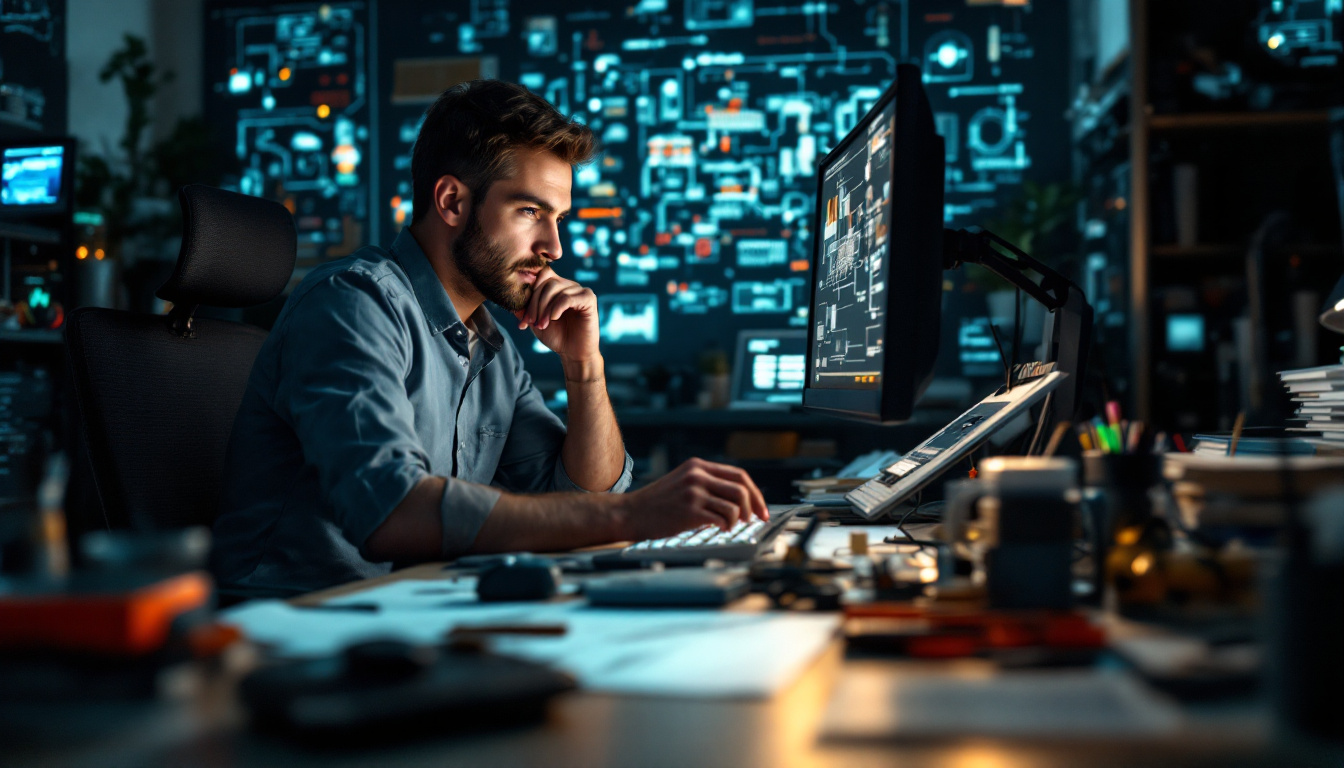 A photograph of a focused electrical engineer working intently at a computer