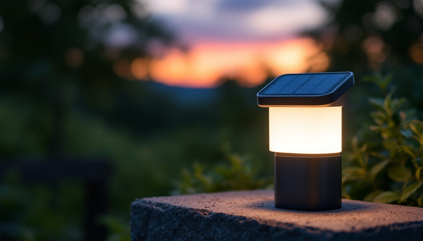 A photograph of a solar-powered night light illuminating a serene outdoor setting at dusk