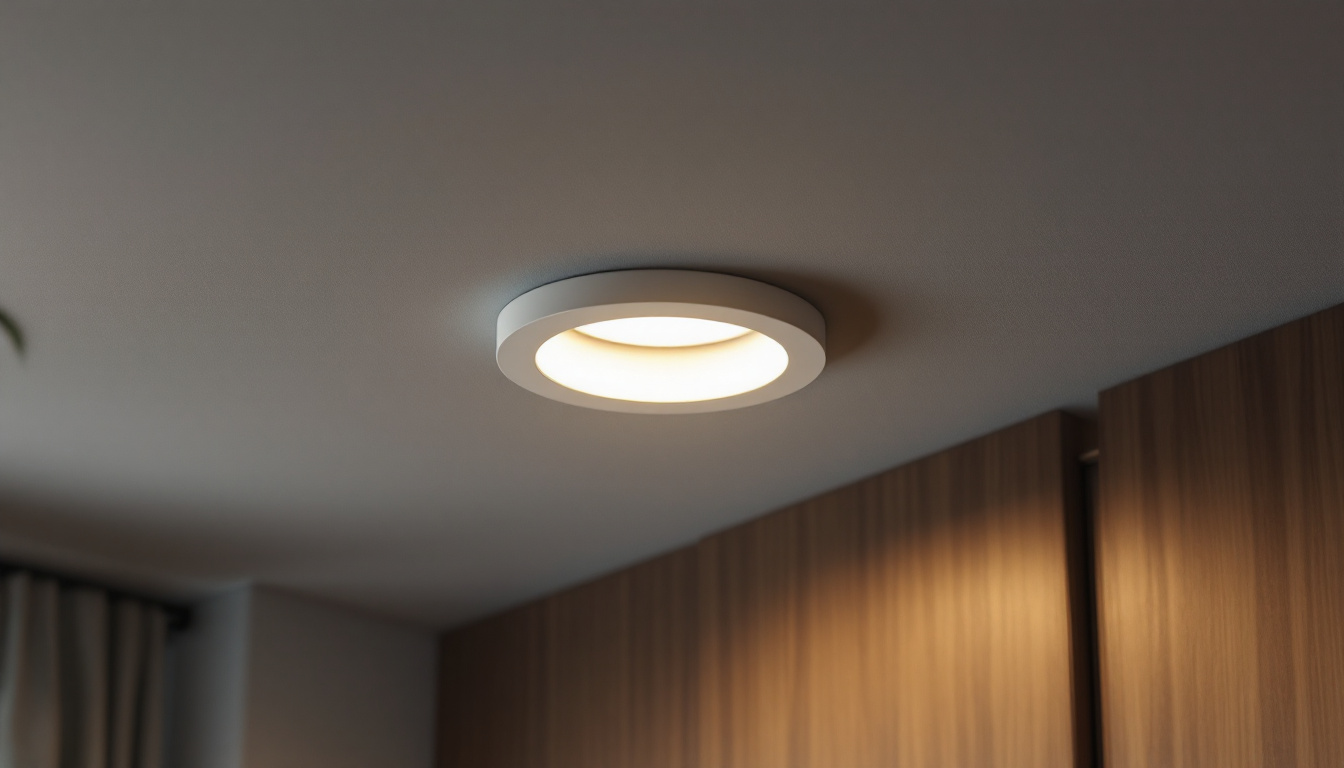 A photograph of a recessed retrofit downlight installed in a modern interior setting