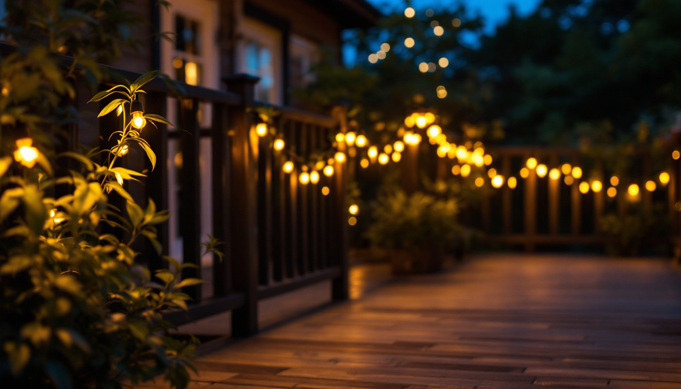 A photograph of a beautifully illuminated outdoor deck at dusk