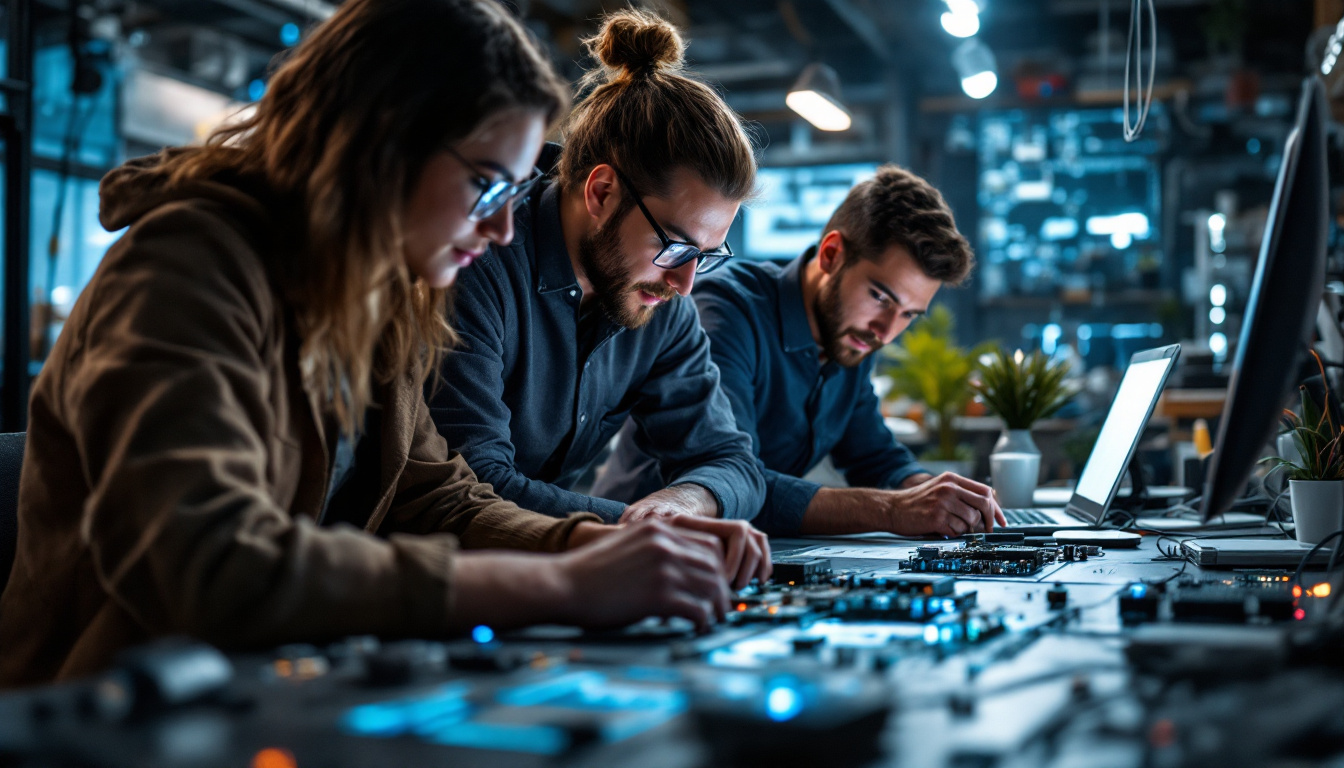 A photograph of a dynamic electrical engineering workspace featuring engineers collaborating on cutting-edge projects
